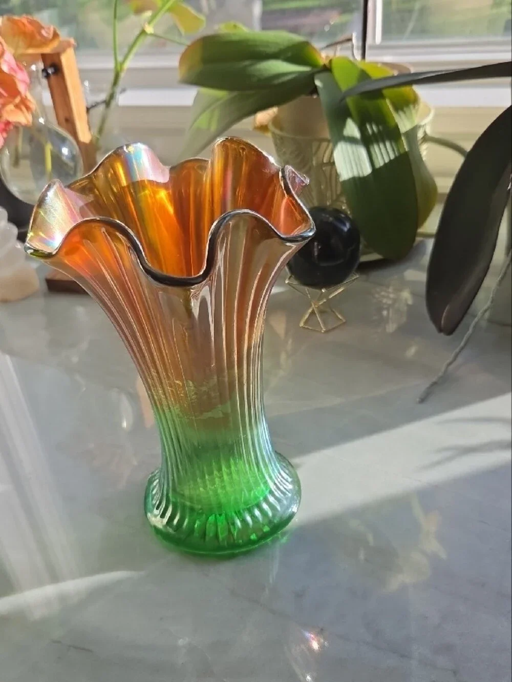 Northwood Green and Orange Glass Vase